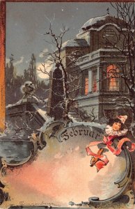 Months of the year Theodor Guggenberger February harlequin vintage postcard