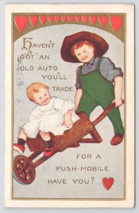 Valentine~Farmer Boy w/Sister In “Push-Mobile” Wants Auto Trade~Gold~Emb~1913 PC