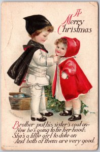 A Merry Christmas Greetings, Brother Put His Sister's Coat, Vintage Postcard