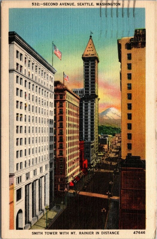 VTG Second Avenue Smith Tower Mt Rainier Seattle Washington WA Linen Postcard