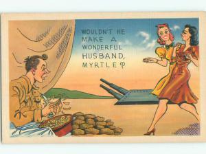 Unused Linen risque SEXY GIRLS LIKE THE FACT SOLDIER CAN PEEL POTATOES k3454@