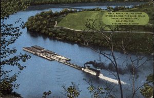 Steubenville OH Ohio River from Golf Course Steamer 1930s-50s Vintage Postcard