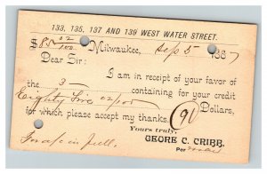 Vintage 1887 Postcard Receipt for Payment Geore C. Cribb Company Milwaukee WI