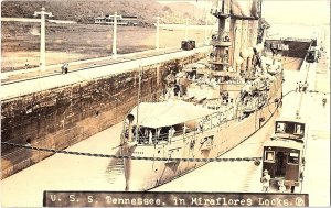 RPPC Postcard USS Tennessee in Miraflores Locks Panama Canal c1920s