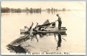 MARSHFIELD WI FISHING EXAGGERATED ANTIQUE REAL PHOTO POSTCARD RPPC PHOTOMONTAGE