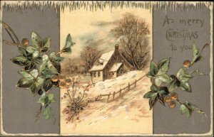 Christmas House Winter Snow Vines Berries Gilt Embossed c1900s-20s Postcard