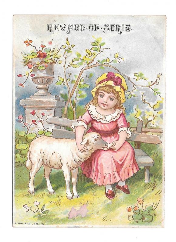 Antique Victorian Reward of Merit Card Girl Lamb 1889 Ada Shaffer Gibson Litho