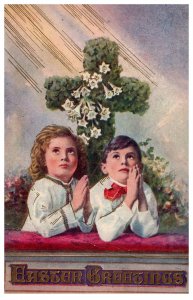 1910 Easter Greetings Children Praying Lily Cross Vintage Postcard PM