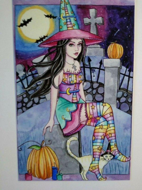 Halloween Postcard Nikki Burnette Graveyard Witch Cat Kamaria 2012 Limited To 35 