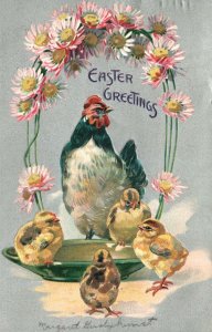 Vintage Postcard 1910's Easter Greetings Chicken Trey flower Design