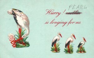 Vintage Postcard 1909 Stork Delivers Baby Hurry! Mother Is Longing For Us