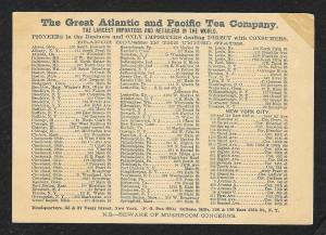 VICTORIAN TRADE CARD Great Atlantic & Pacific Tea Locations