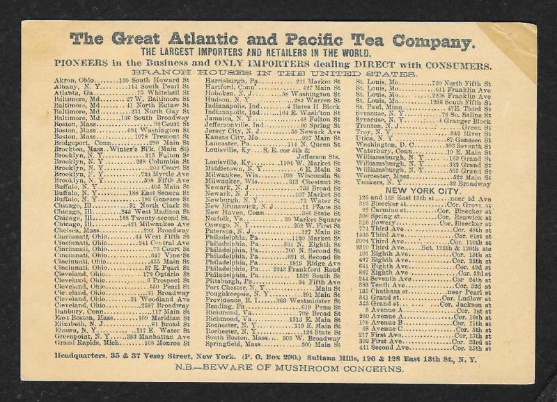 VICTORIAN TRADE CARD Great Atlantic & Pacific Tea Locations