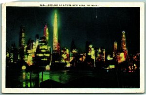 Night View of Skyline Of Lower New York City NY NYC Linen Postcard F13