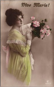 Beautiful Lady Glamour Flowers Coloured Vintage RPPC C206