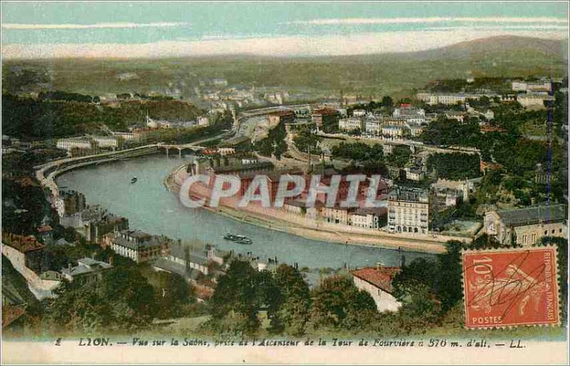 Old Postcard Lyon Overlooking the Saone Taking the elevator to the Tower of F...