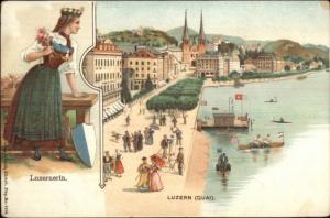 Luzern Lucerne Quai Beautiful Woman Border c1905 Postcard