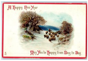 1912 New Year Man Grazing Sheep Winter Tuck's Bridgeport Connecticut CT Postcard