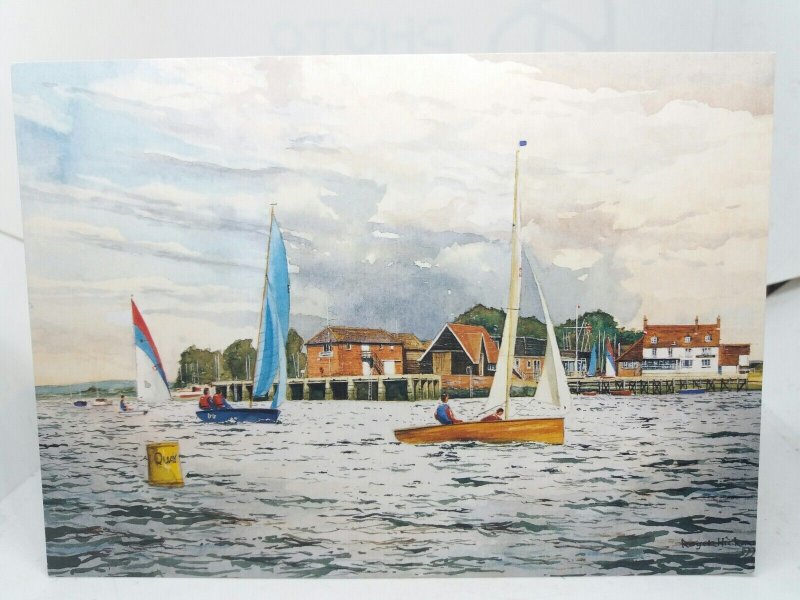 Sailing Boats at Dell Quay Sussex Vtg Art Painting Postcard Roger Hickman c1997