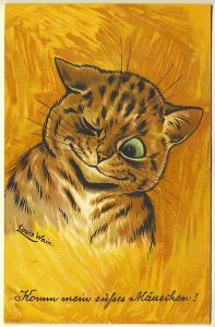 Louis Wain Cat Right Eye Wink Orange Background Signed Vintage Postcard