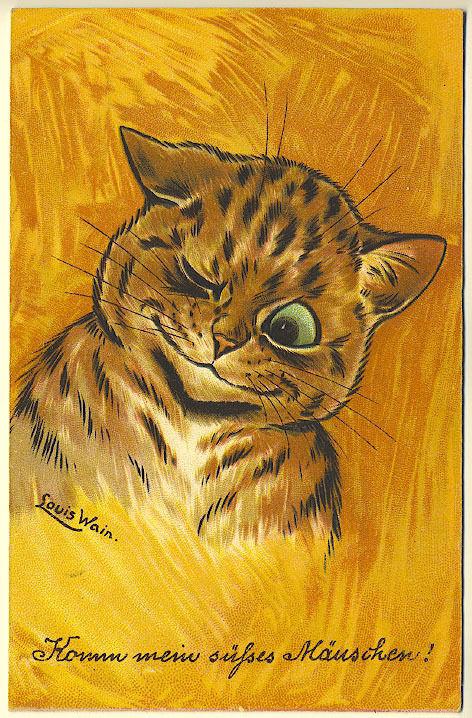 Louis Wain Cat Right Eye Wink Orange Background Signed Vintage Postcard