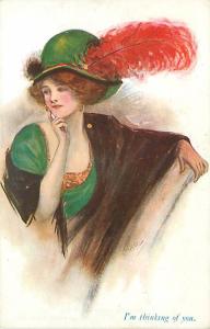 ARTIST SIGNED-I'M THINKING OF YOU-WOMAN WEARING GREEN HAT...