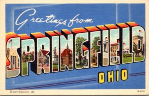 Ohio Greetings From Springfield Large Letter Linen 1951 Curteich