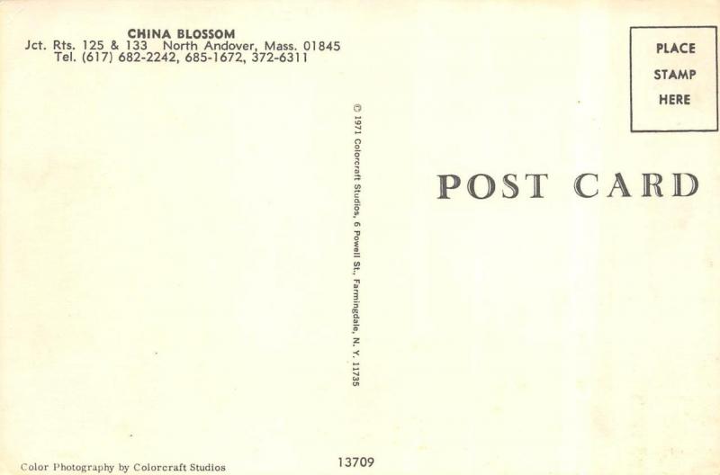 NORTH ANDOVER, MA Massachusetts  CHINA BLOSSOM~Chinese Restaurant  Postcard