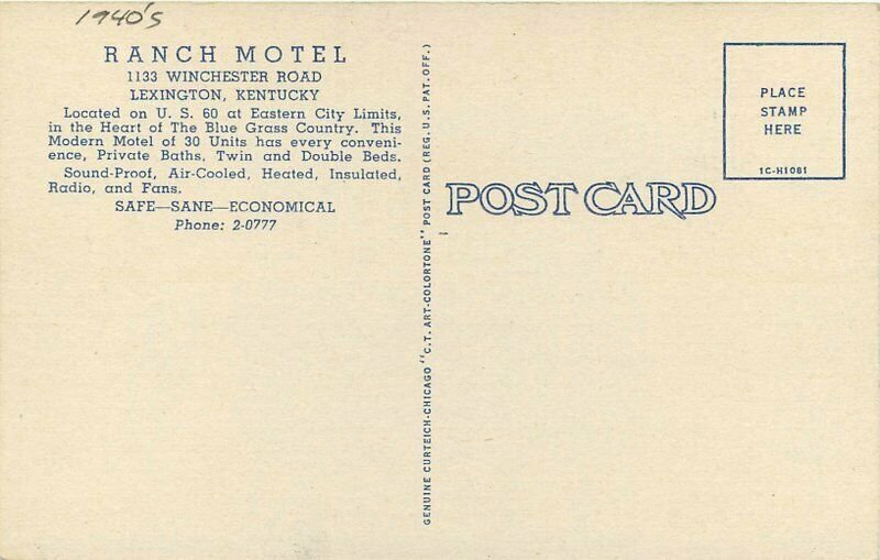 Lexington Kentucky Ranch Motel roadside linen Teich Postcard 20-4056