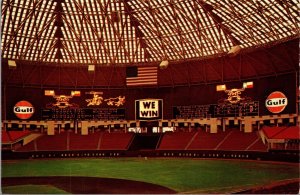 Postcard Inside The Astrodome Houston Texas American Flag Gulf Advertising Signs