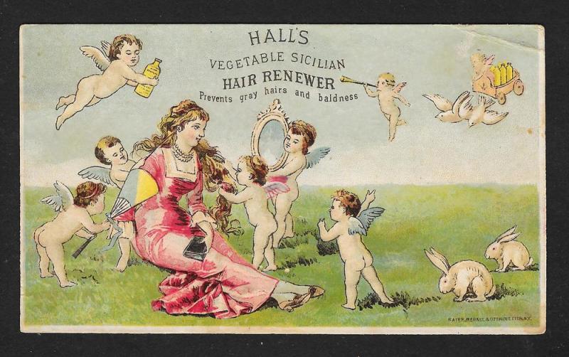 VICTORIAN TRADE CARD Hall's Hair Renewer Lady Cupids Bunnies