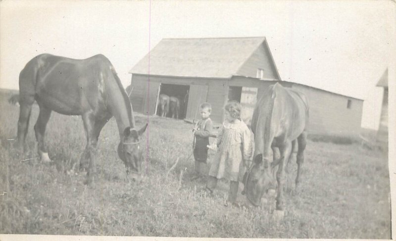 RPPC Postcard Farm Children With Horses Missed School Because Of Rain