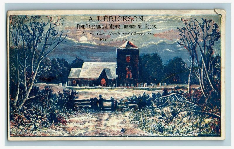 1870's A.J. Erickson Fine Tailoring Men's Furnishing Goods Night Moon Church 7G