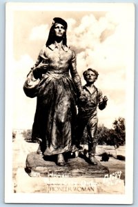 Ponca City Oklahoma OK Postcard RPPC Photo Pioneer Woman Statue Harvey c1940's
