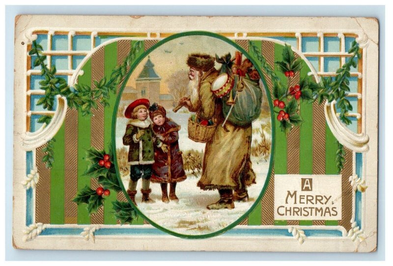 c1910 Christmas Brown Robe Santa old World Toys Children Embossed Postcard
