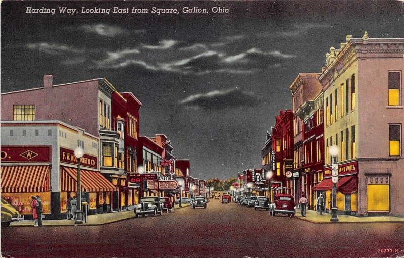 Galion Ohio 1952 Postcard Harding Way Looking East Woolworth Stores Cars Night