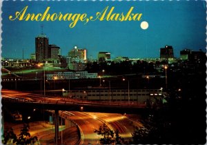 Anchorage at Night Skyline Full Moon Alaska Postcard