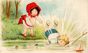 Girl pushing boy into water  (Private Mailing Card)