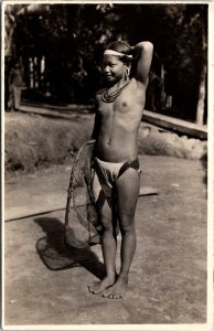 Hawaii Native Girl Fishing Risque Vintage RPPC 09.92