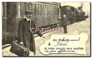 Old Postcard Au Depart in Paris I send you my friendships Train