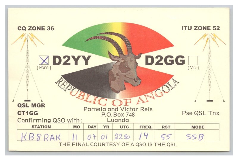 Postcard QSL CB Ham Radio Amateur Card From Republic Of Angola