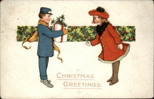 Christmas Delivery Man Present Girl Red Coat c1900-20s Vintage Postcard