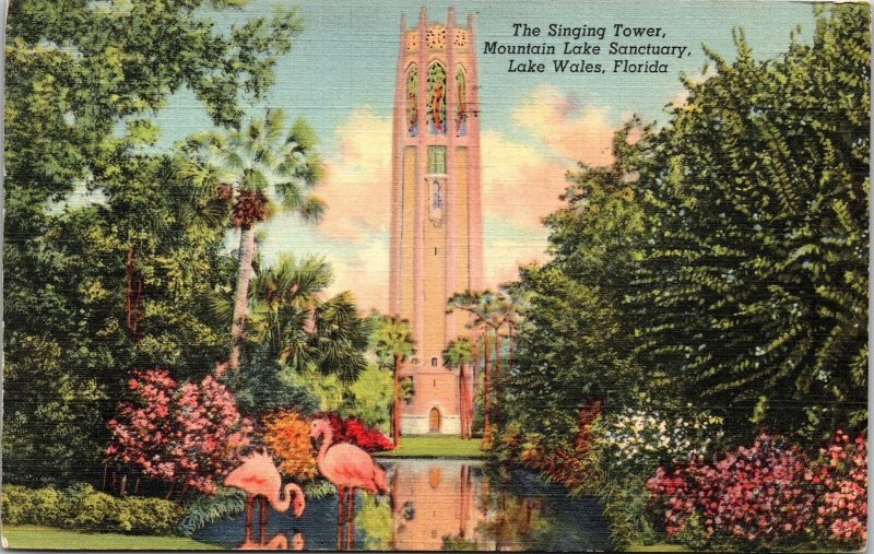 Singing Tower Mountain Lake Sanctuary Wales Florida Linen Unposted Vtg Postcard