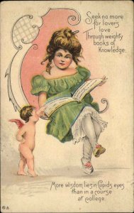 Valentine Woman Reading Cupid Knows More Poem c1910 Vintage Postcard