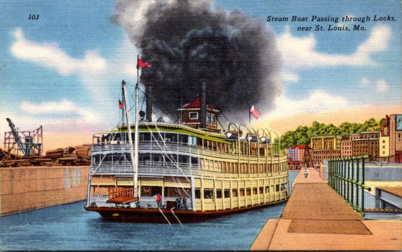 MIssouri Steam Boat Passing Through Locks Near St Louis 1954