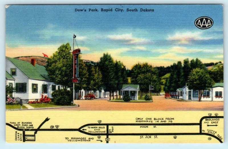 RAPID CITY, South Dakota SD ~ Roadside DOW'S PARK Motel c1940s Map Postcard