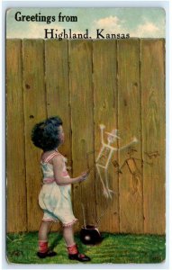 GREETINGS From HIGHLAND, KS~ GIRL PAINTS on Fence1913 Doniphan County Postcard