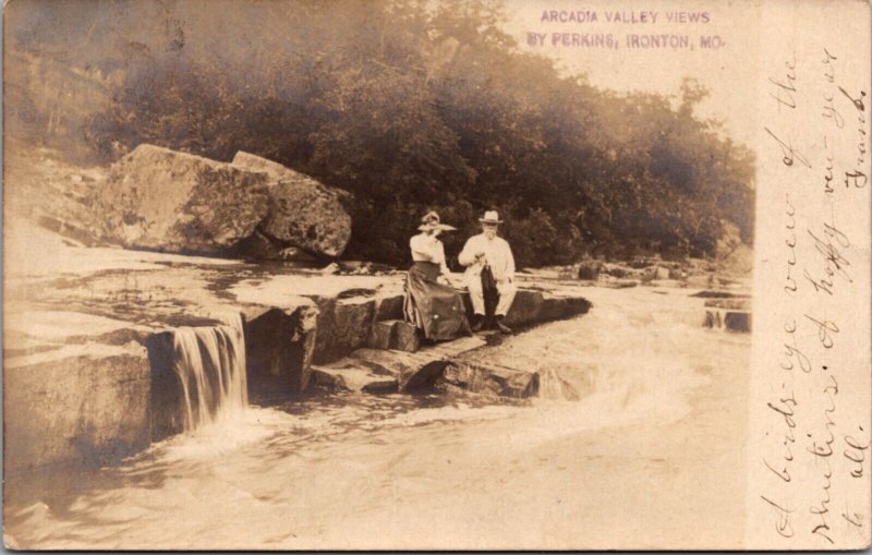 RPPC Man and Woman River Waterfall Arcadia Valley Views Ironton Missouri