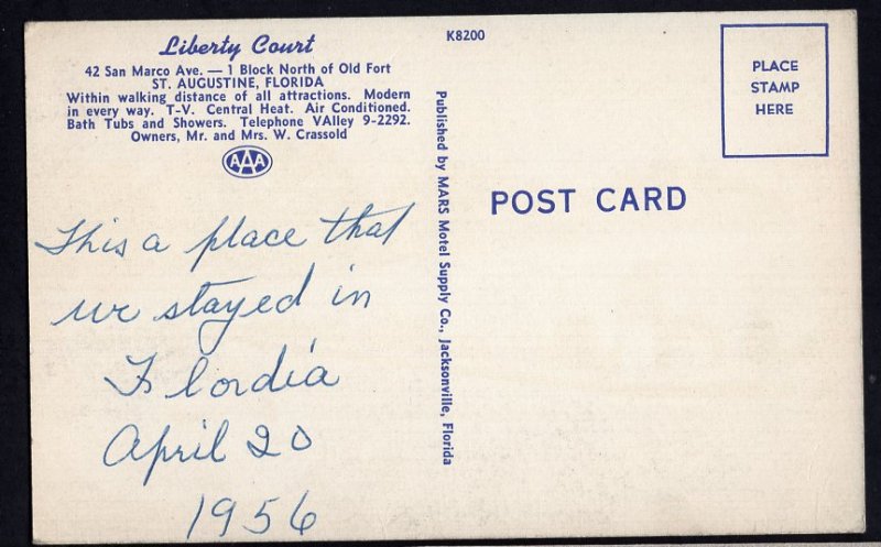 Florida ST. AUGUSTINE Liberty Court 42 San Marco Ave. 1956 - LINEN