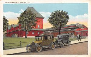 BRISTOL VA~UNION RAILROAD STATION-VINTAGE AUTOS-KNOXVILLE ENGRAVG POSTCARD 1920s